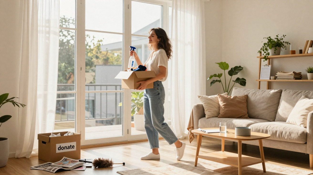 Woman holding a box of household items in a bright living room with a donation box on the floor.