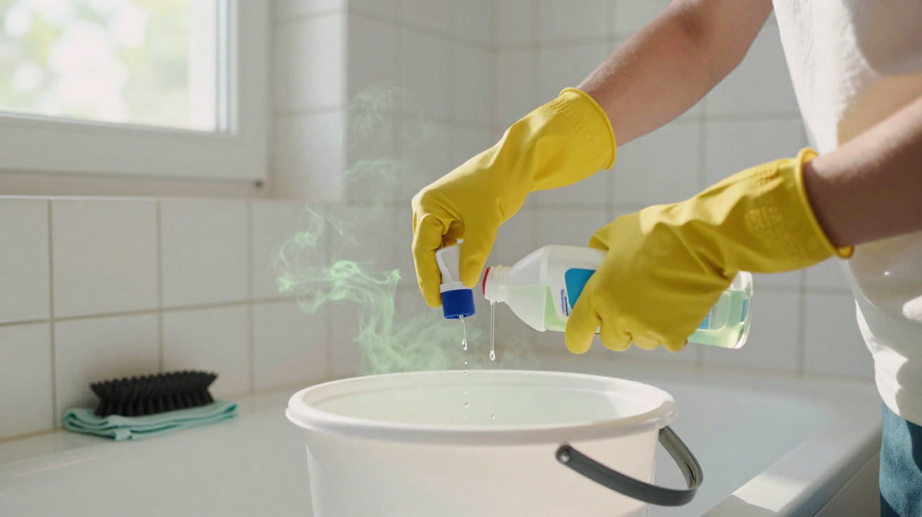 Person wearing yellow gloves pouring liquid cleaner into a white bucket with green fumes rising.