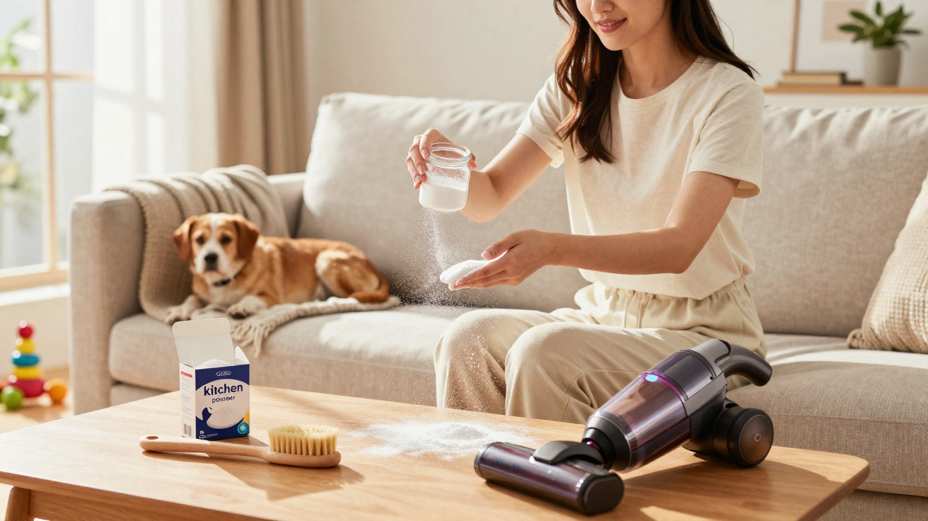 Woman sprinkling white powder on wooden table with cordless vacuum and dog on sofa in bright living room