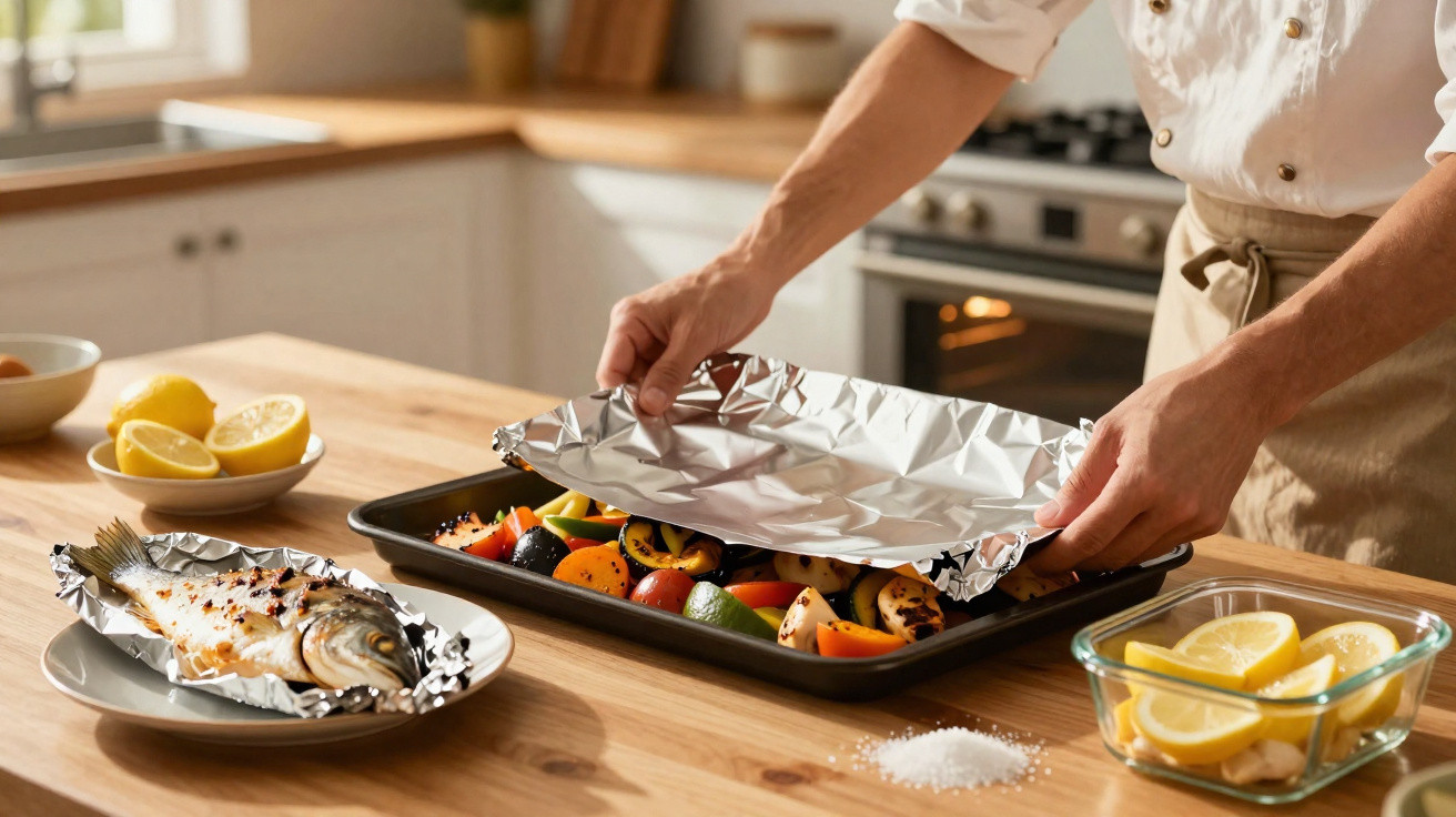Person covering grilled vegetables in a baking tray with foil in a kitchen setting.
