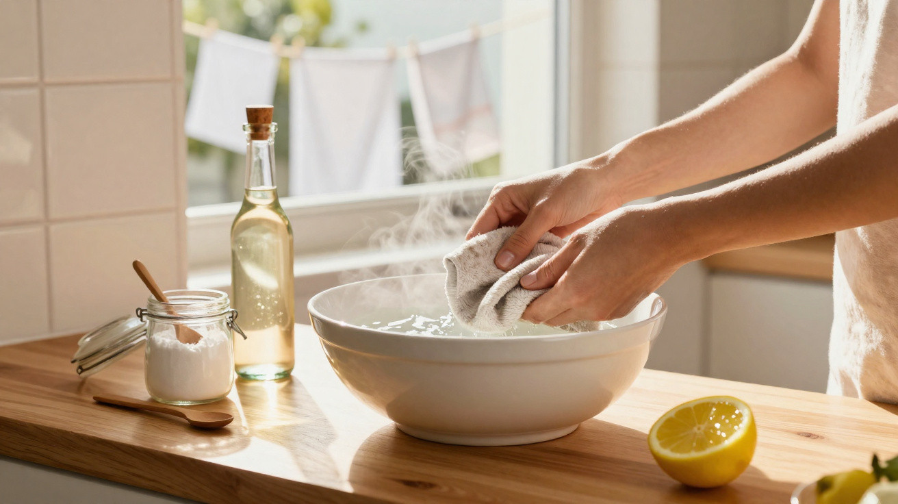 Person washing a cloth in a steaming white bowl on a wooden kitchen counter with lemon and cleaning supplies.