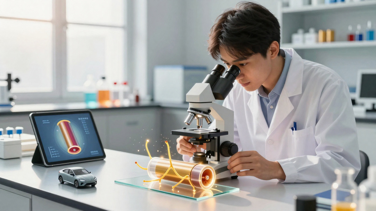 Scientist in a lab coat using a microscope, with a holographic battery model and a tablet showing battery data nearby.