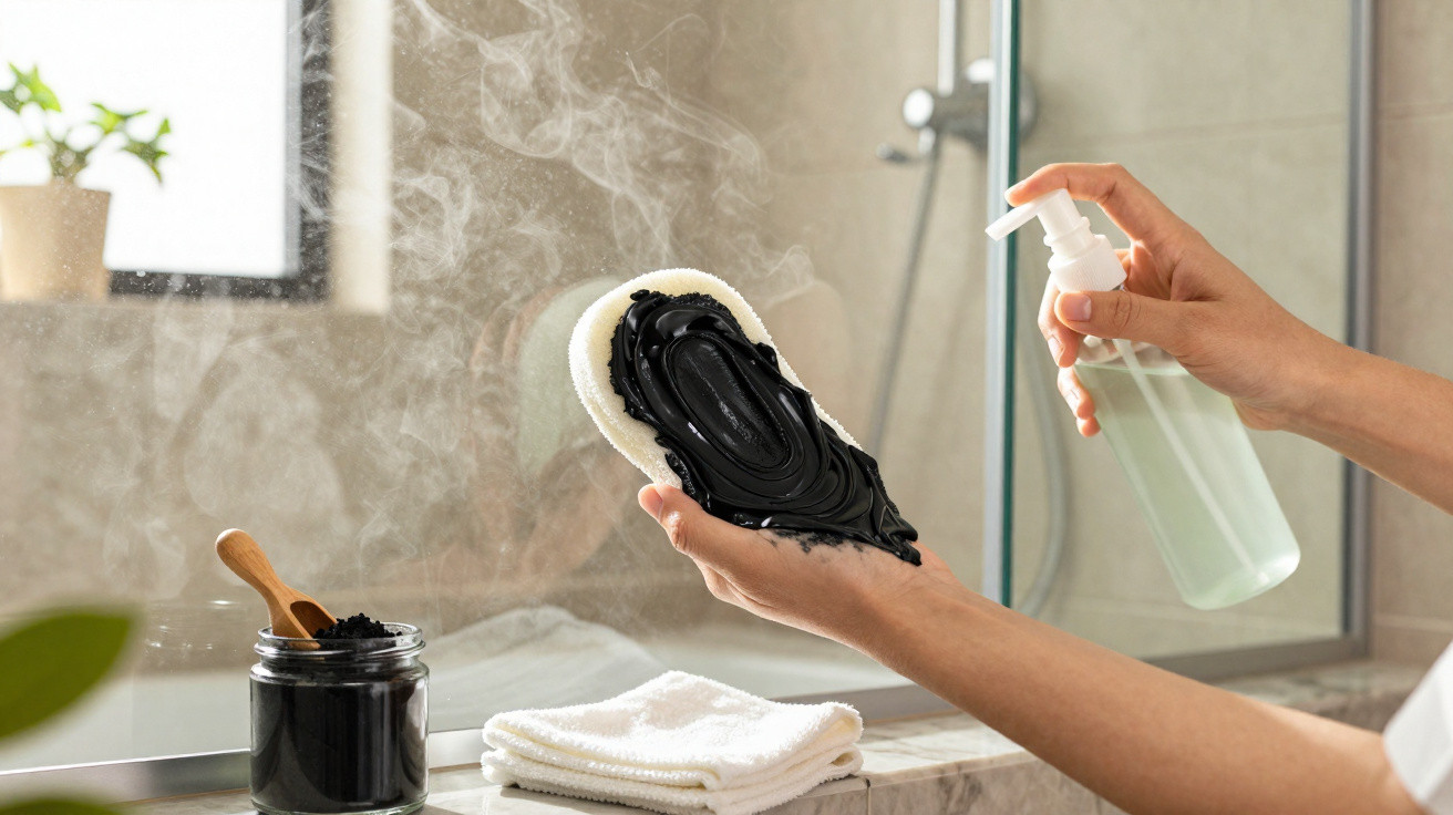 Hands applying black facial mask onto a sponge with a spray bottle in a steamy bathroom.