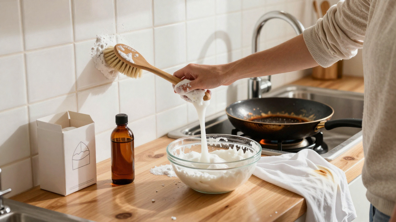 Person cleaning tiled kitchen wall with a brush and foamy white cleaner next to a glass bowl and bottle on wooden countertop.