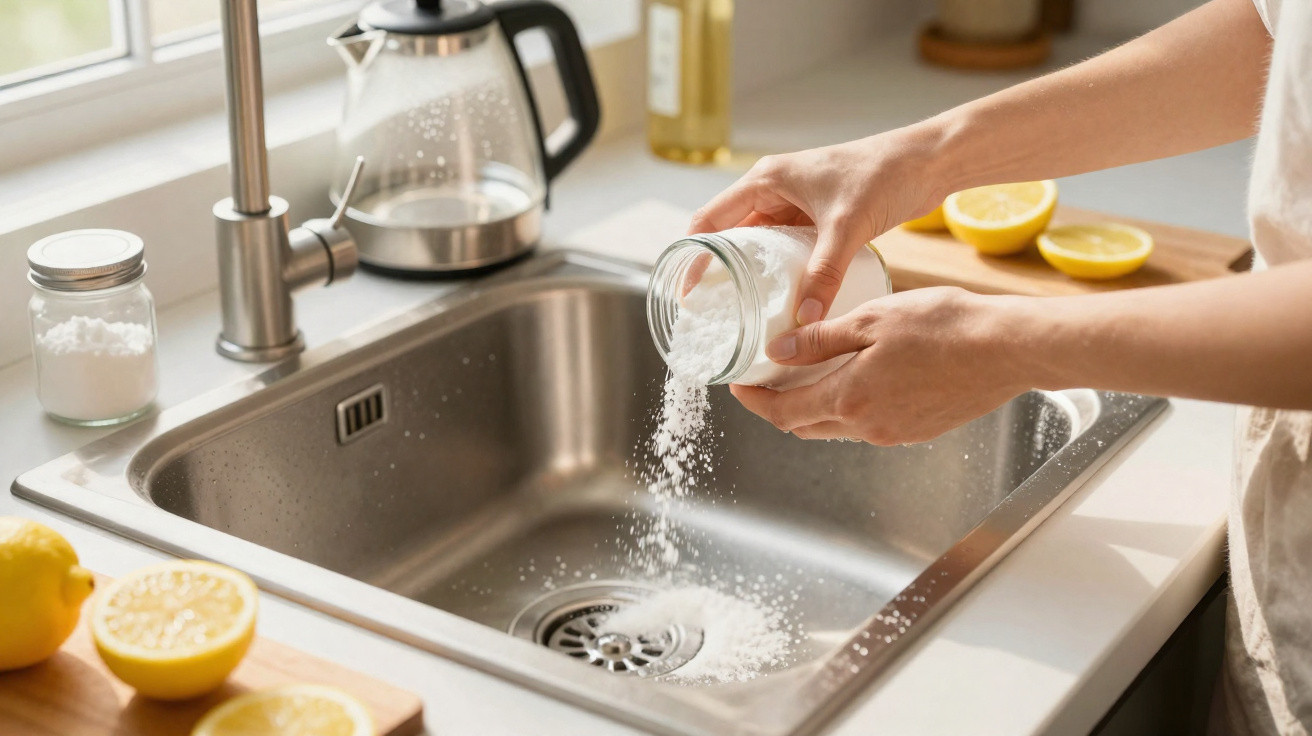 Hands pouring baking soda from a jar into a kitchen sink with lemons and a kettle nearby.