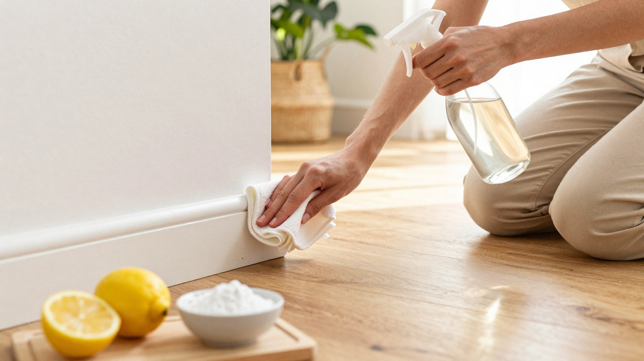 Person cleaning white skirting board with cloth and spray bottle on wooden floor beside lemon and baking soda.