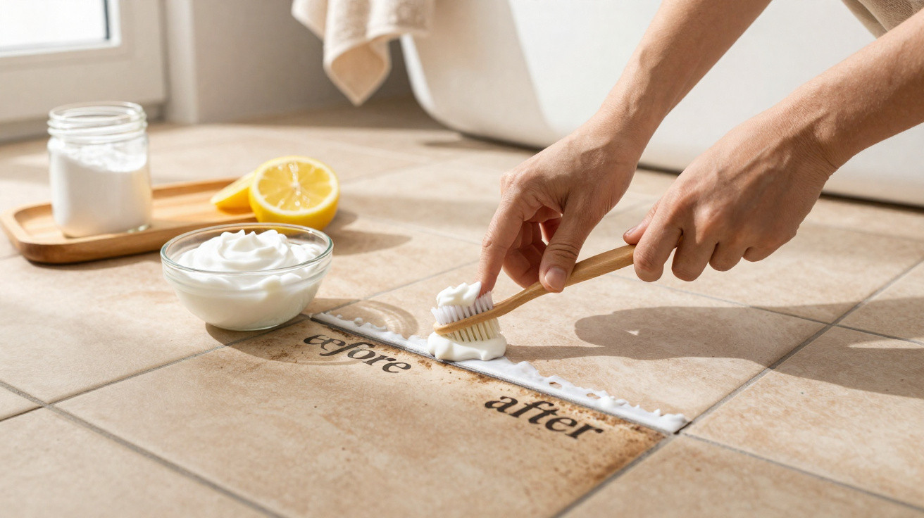 Hands scrubbing a tiled floor with a toothbrush and natural cleaning paste next to lemon and baking soda jar.