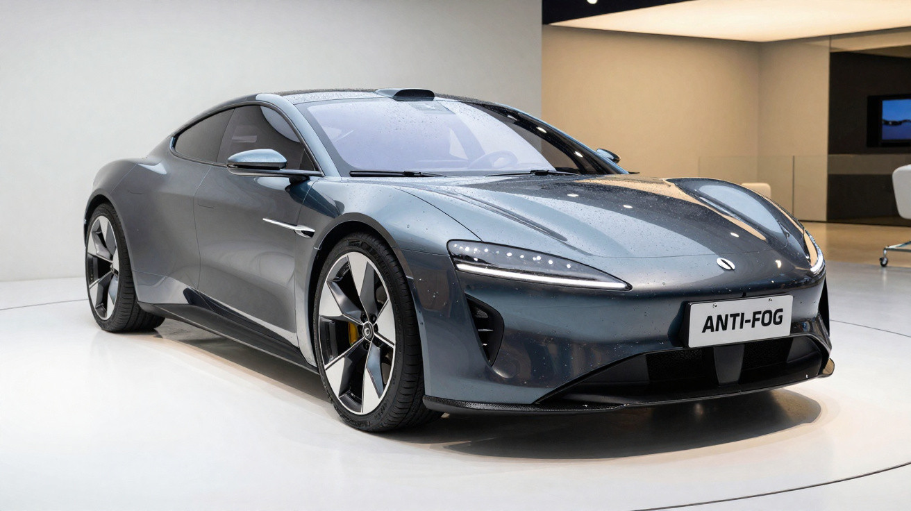 Sleek dark grey electric sports car with aerodynamic design on display in a modern showroom.