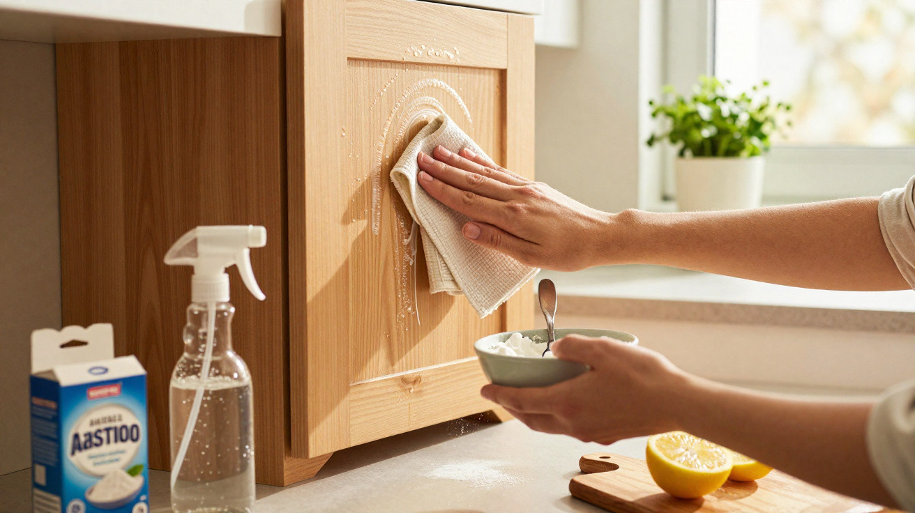 Person cleaning wooden cabinet door with cloth using natural cleaning ingredients on kitchen counter.
