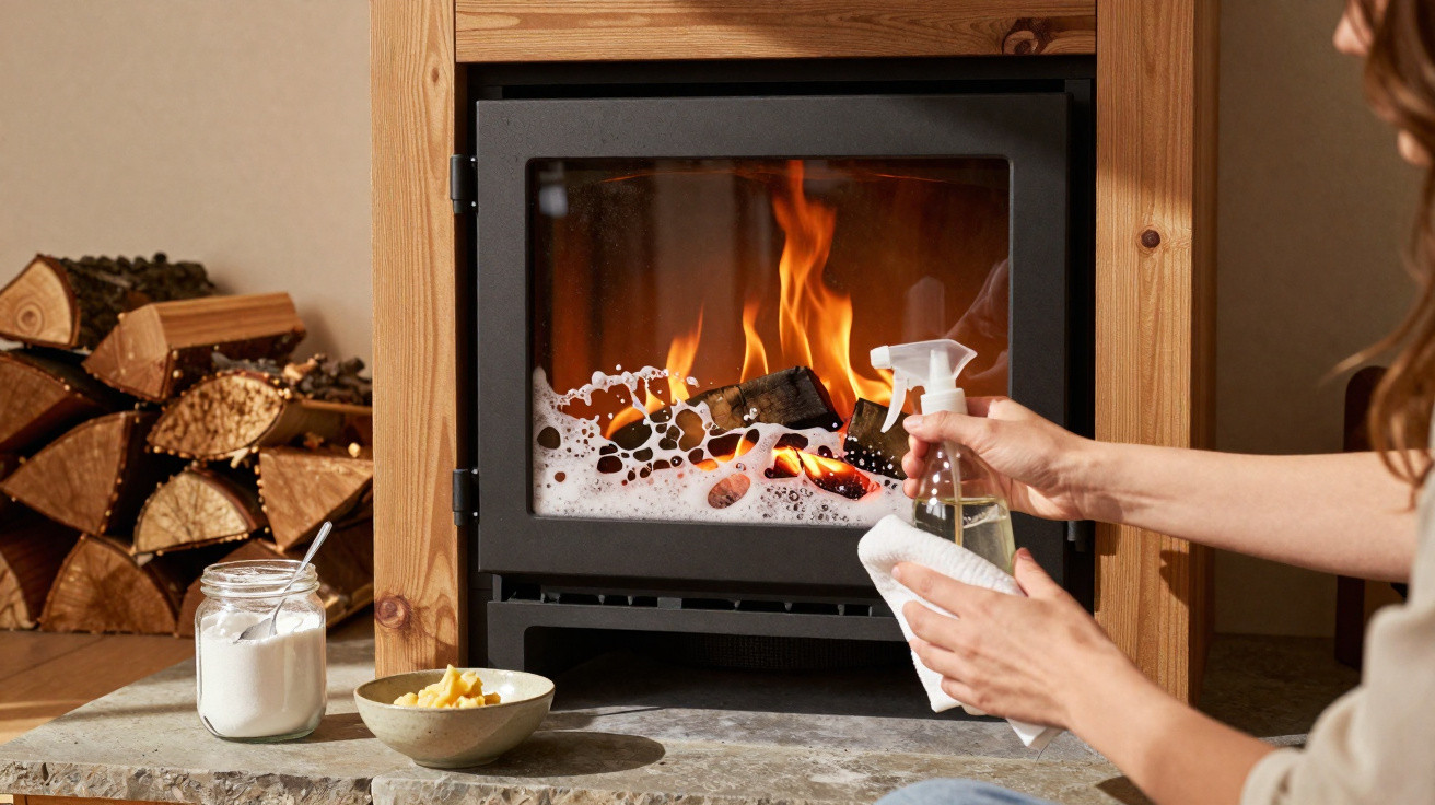 Person cleaning the glass of a lit wood-burning stove with a spray bottle and cloth inside a cosy room.