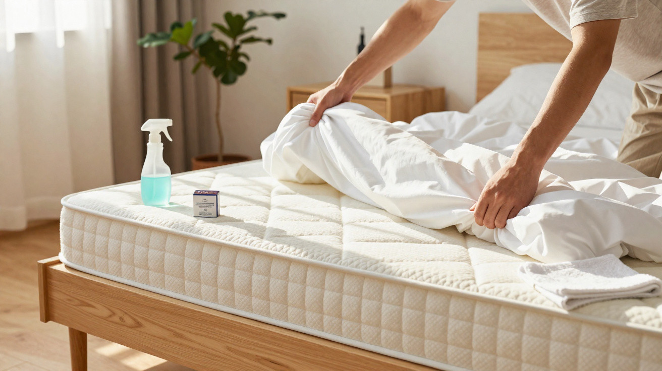 Person changing white bed sheets on a mattress with spray bottle and cleaning product nearby in a bright bedroom.