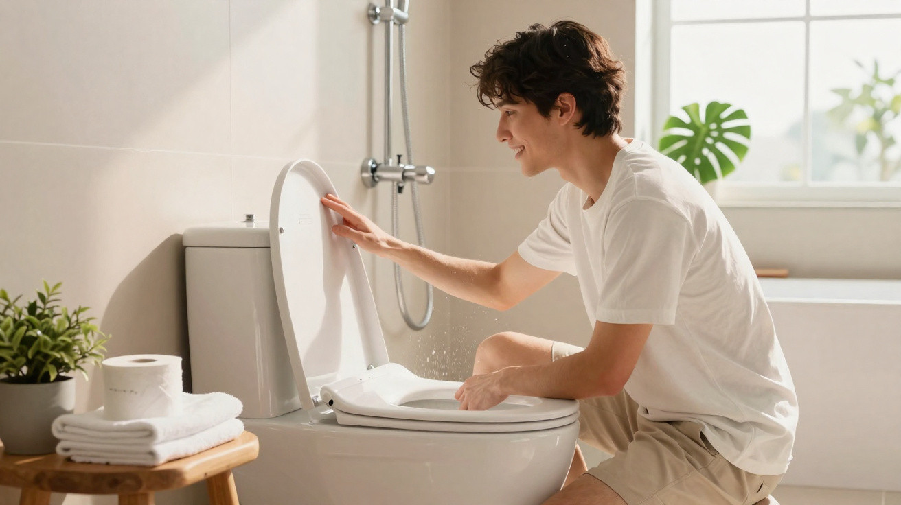 Young man cleaning a toilet seat in a bright, modern bathroom with plants and natural light.
