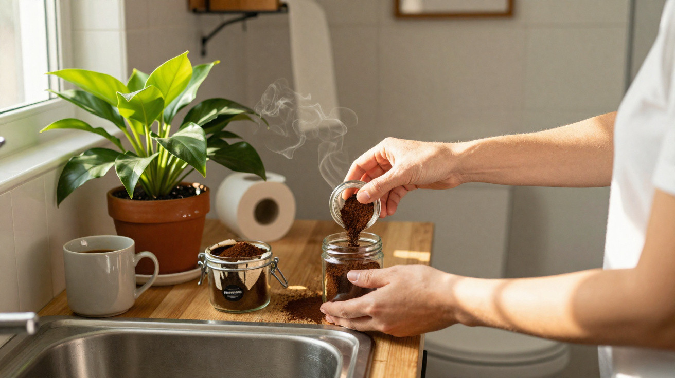 Person pouring hot coffee grounds into a jar on a kitchen counter with a plant and steaming mug nearby.