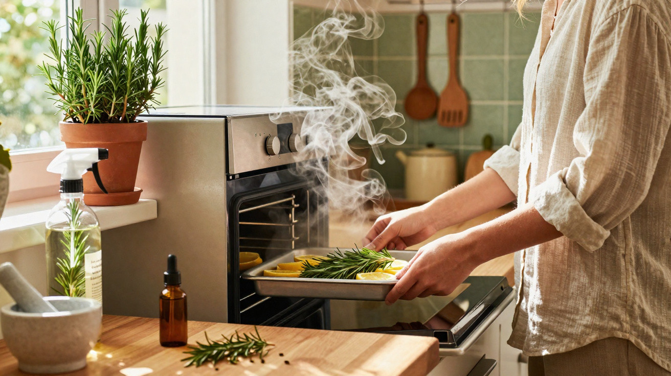 Person placing a tray with roasting lemon and rosemary into a steaming oven in a bright kitchen.