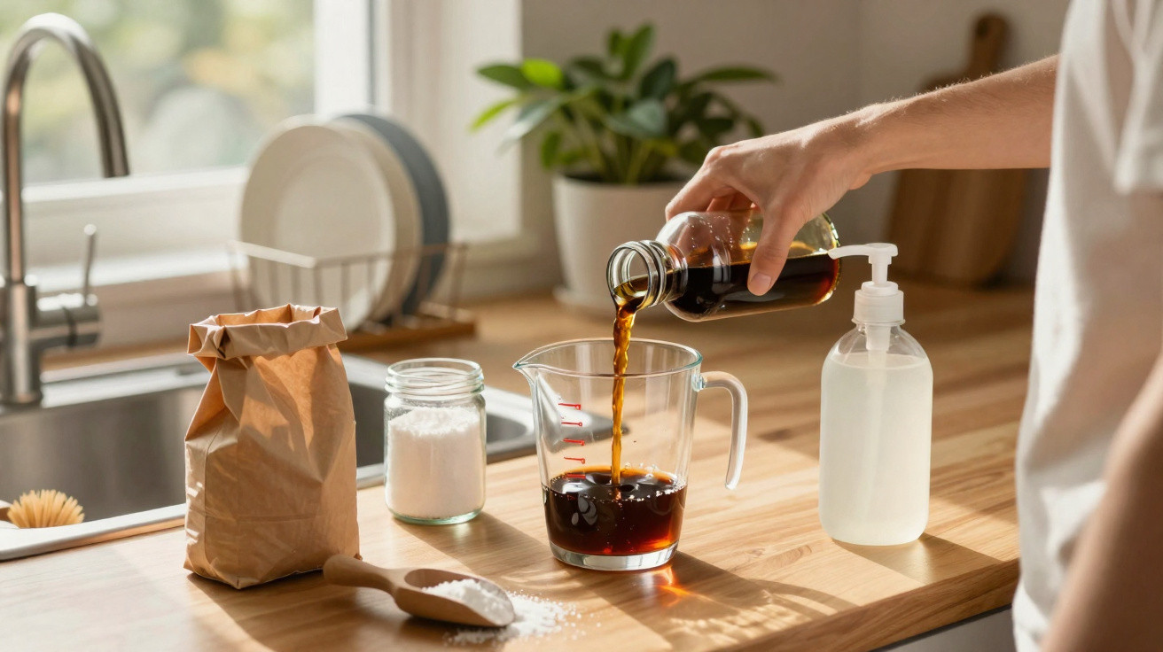 Hand pouring dark liquid from a bottle into a glass measuring jug on a kitchen countertop.