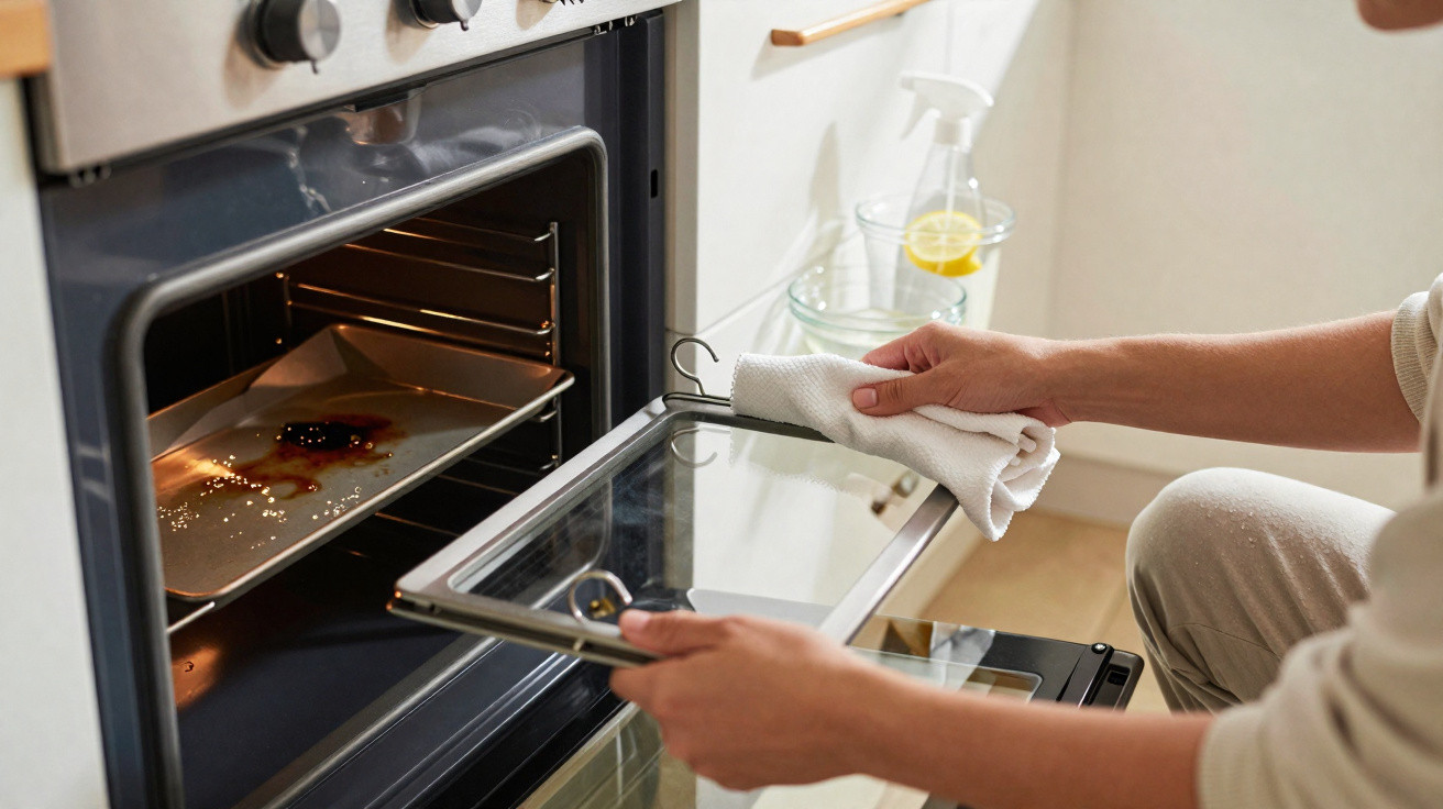 Person cleaning a glass oven door with a white cloth, with a dirty baking tray inside the oven.