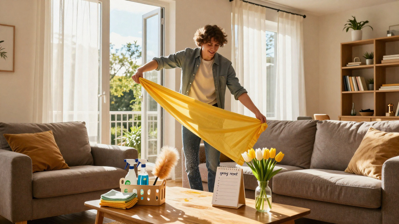 Young man smiling and holding a yellow cloth in a sunny, modern living room with cleaning supplies on the table