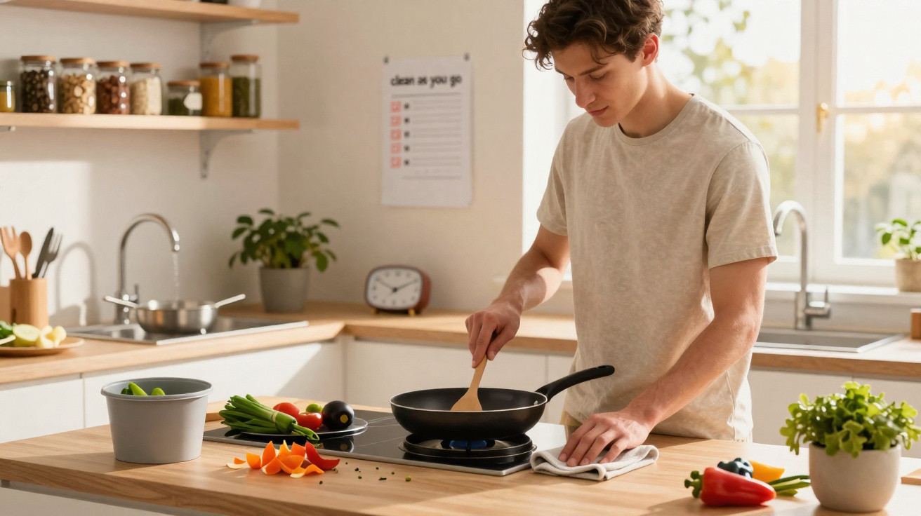 Young man cooking with a frying pan on a portable stove in a bright, modern kitchen.