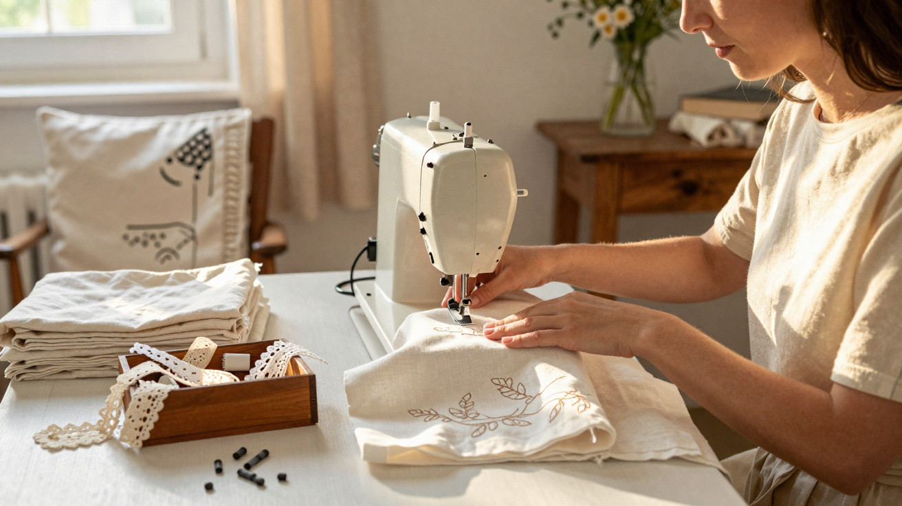 Woman sewing embroidered fabric on a white sewing machine at a sunlit table with lace and folded cloths nearby.