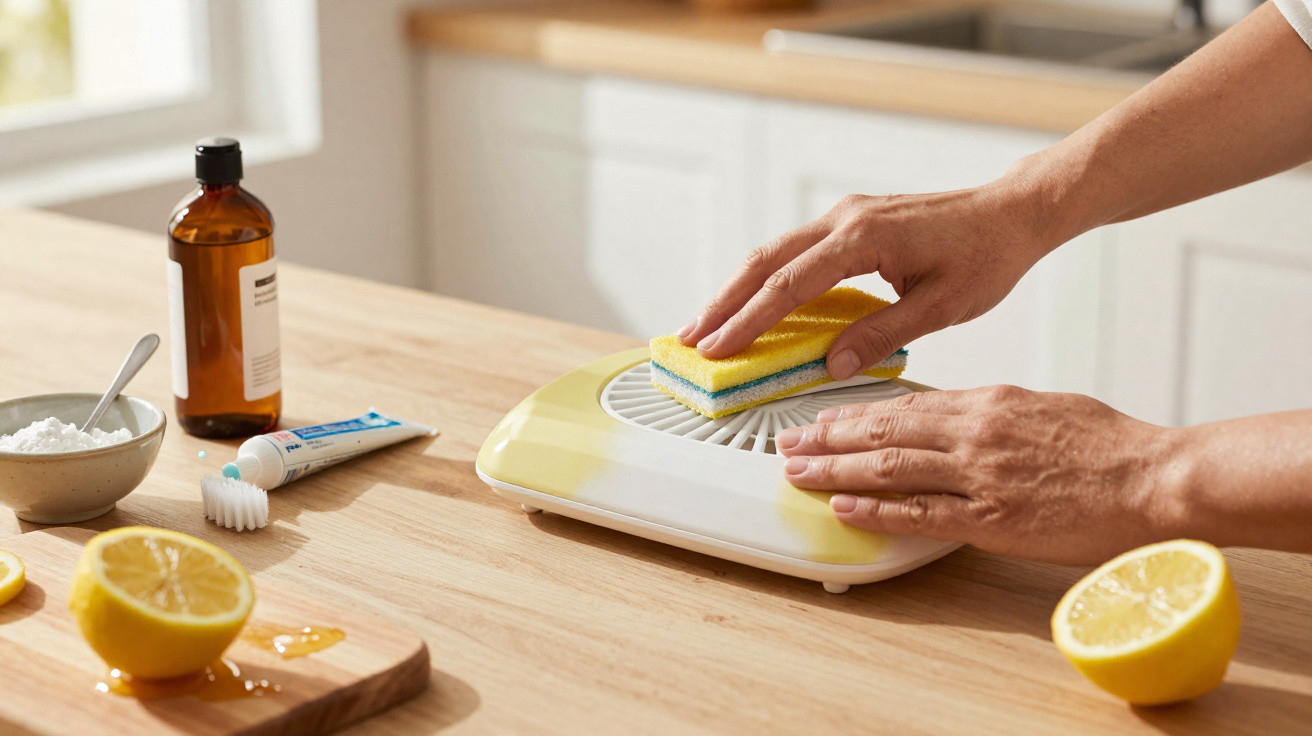Hands cleaning a yellow and white device with a sponge on a wooden kitchen counter with lemons and cleaning supplies.