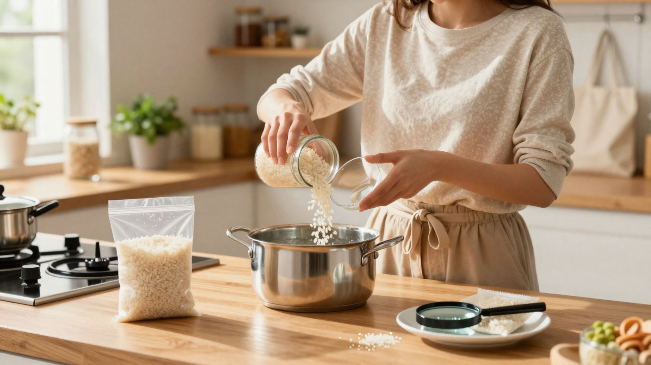 Person pouring rice from a glass jar into a stainless steel pot on a wooden kitchen countertop.