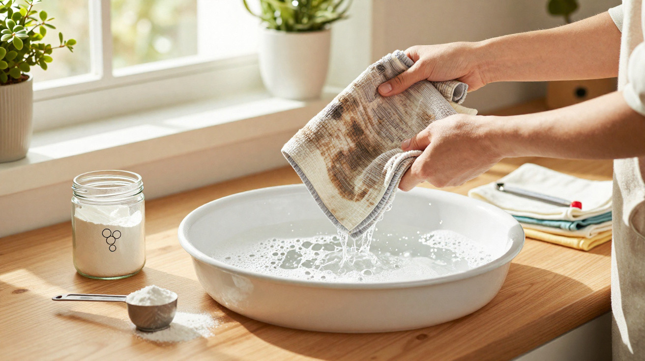 Hands wringing out a wet cloth over a white basin on a wooden countertop by a window.