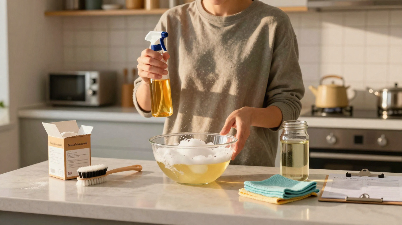 Person holding spray bottle next to a bowl of soapy water cleaning kitchen countertop with cloths and brush nearby