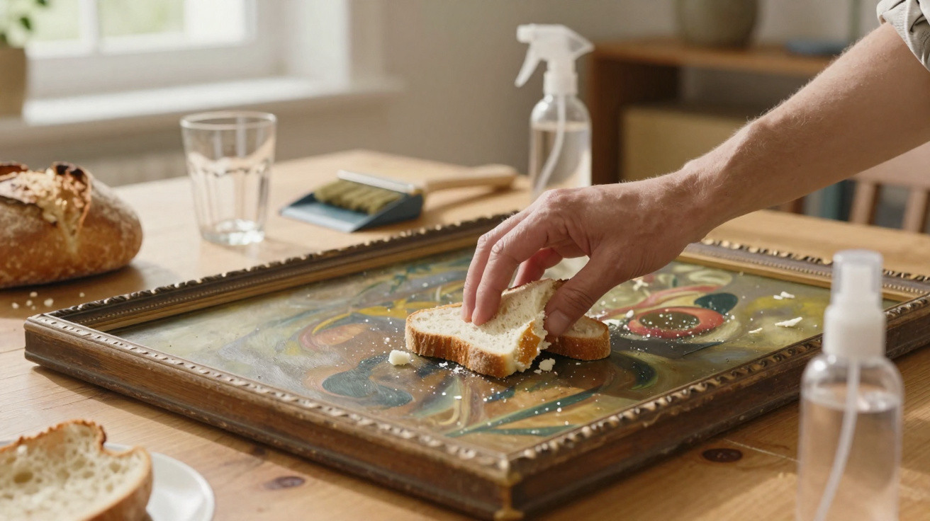 Hand reaching to pick up a slice of bread resting on a framed painting on a wooden table.