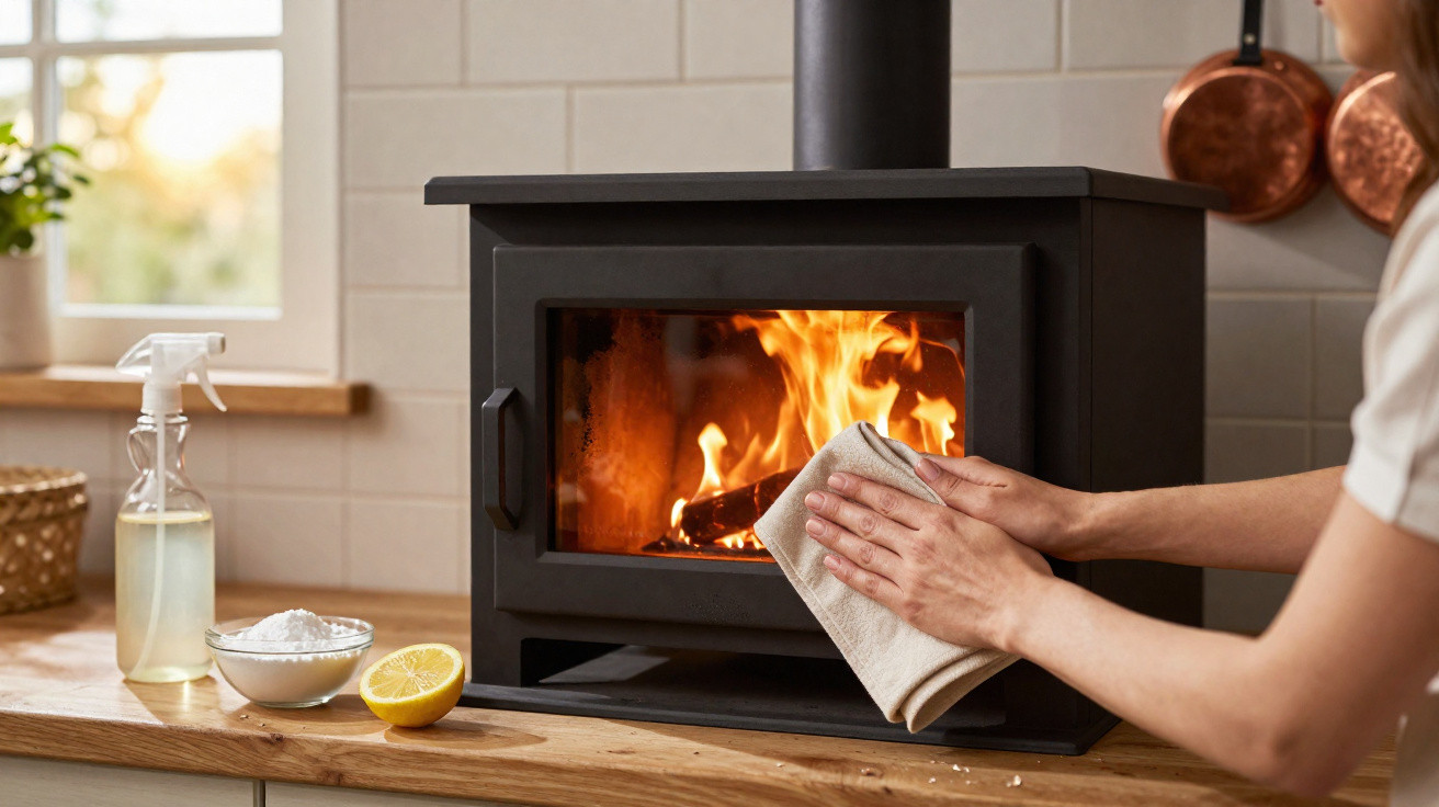 Person cleaning the glass door of a burning wood stove in a cosy kitchen with natural light.