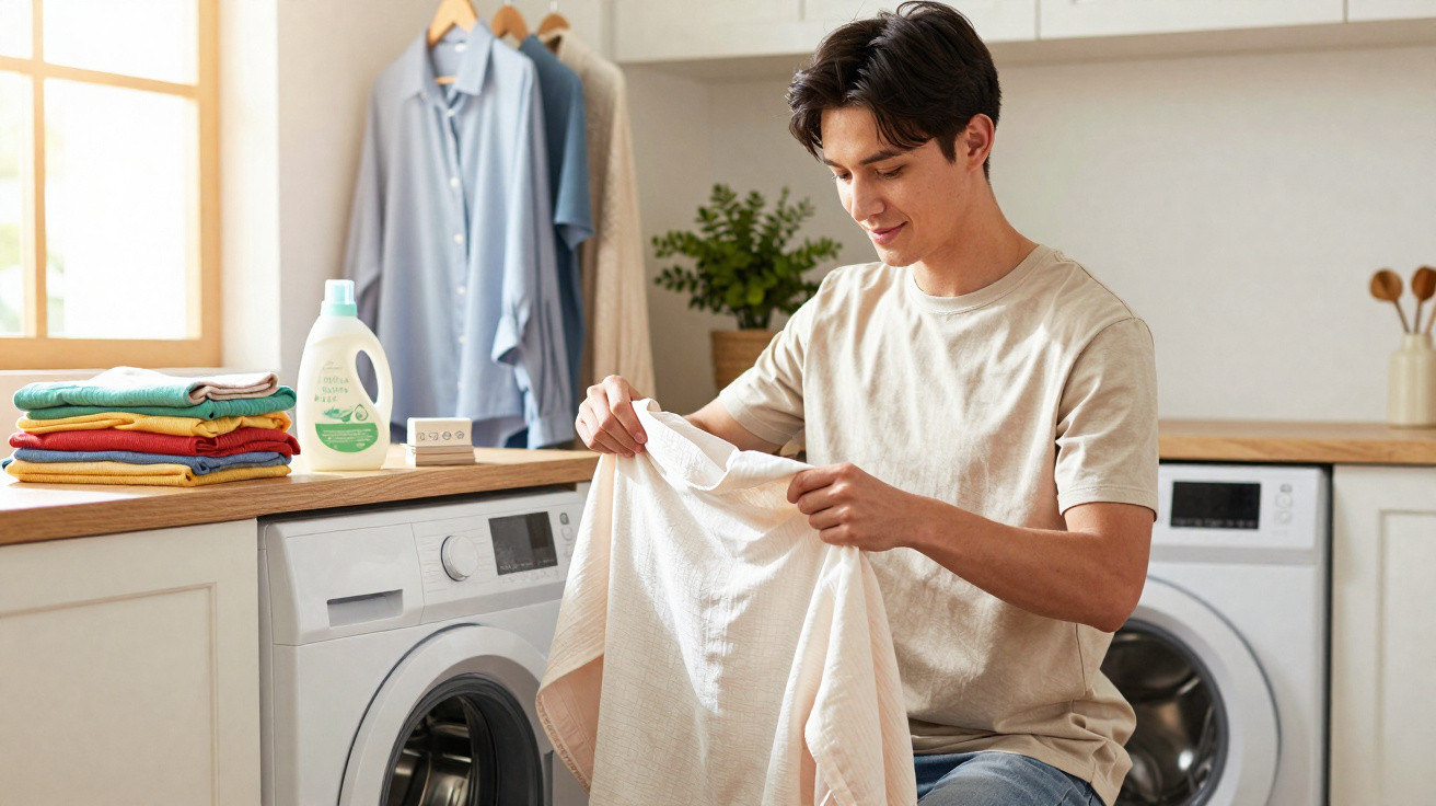 Young man inspecting a light-coloured shirt while doing laundry in a modern utility room.