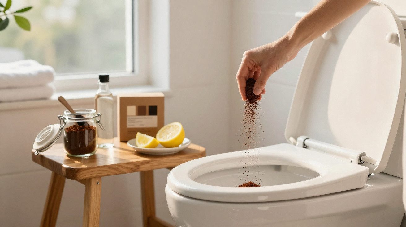 Hand sprinkling natural cleaning powder into a toilet bowl, with lemons and cleaning supplies on a wooden stool nearby.