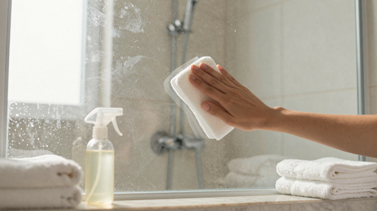 Person cleaning a bathroom mirror with a cloth, spray bottle, and folded towels nearby.