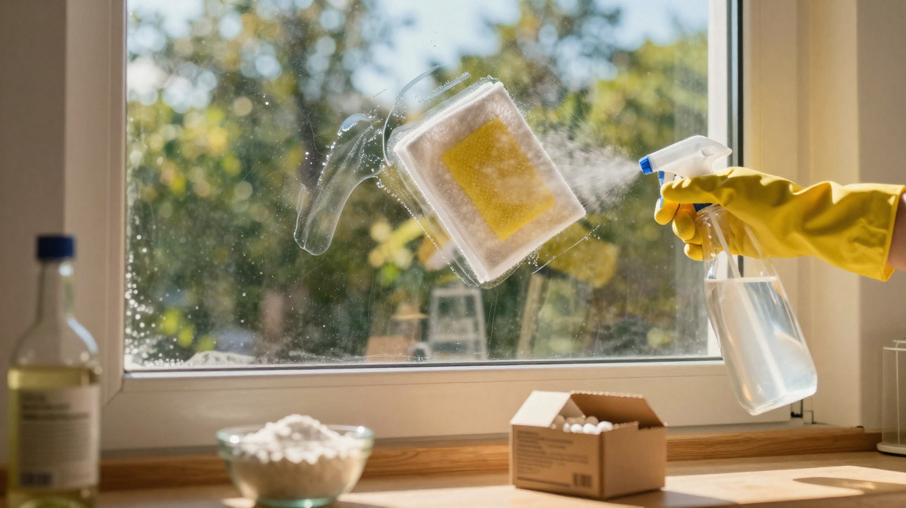 Person wearing yellow glove sprays cleaning solution on window with sponge and cleaning supplies on wooden surface
