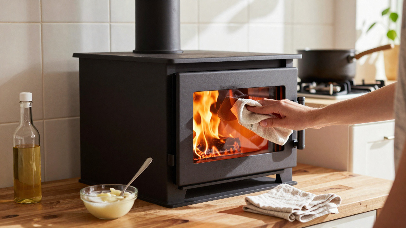 Hand cleaning the glass door of a lit black wood-burning stove in a kitchen setting.