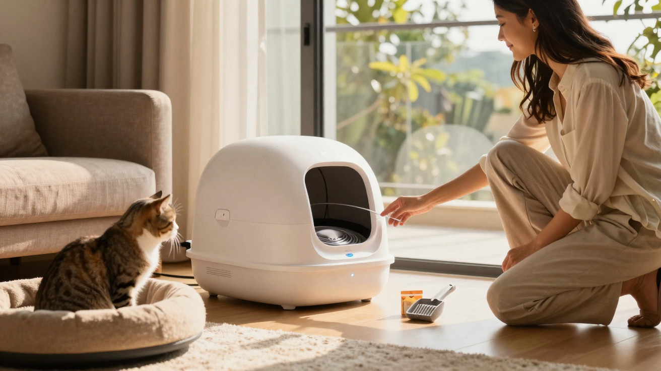 Woman cleaning a modern covered cat litter box while her cat watches from a soft bed in a sunlit living room.