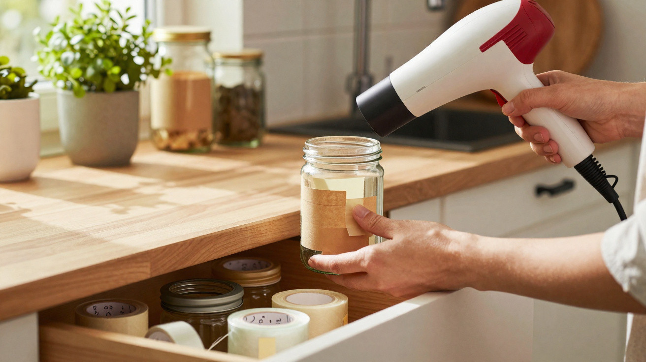 Person using a hairdryer to dry a label on a glass jar in a kitchen drawer with other labelled jars.
