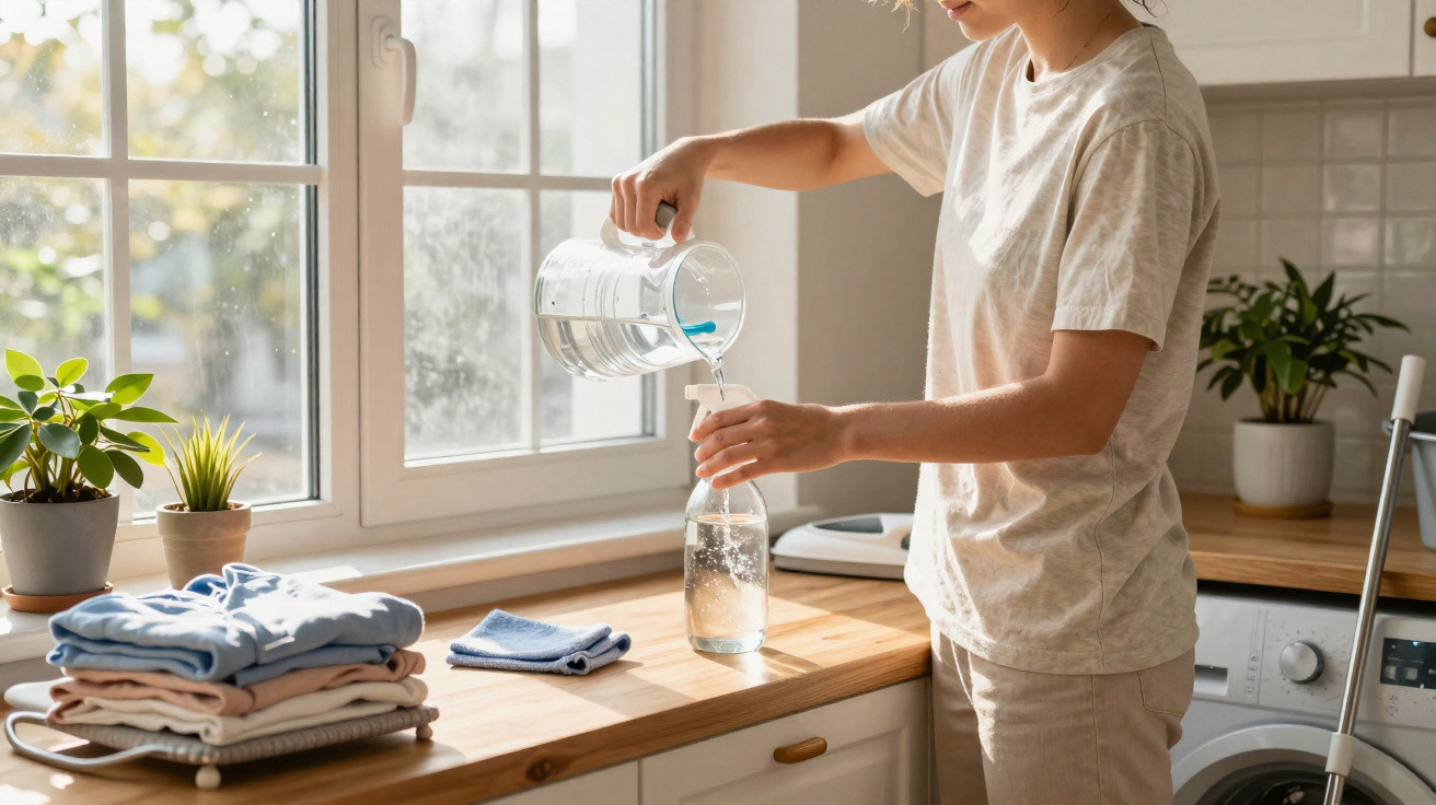 Person pouring water from a jug into a spray bottle in a bright laundry room by a window with plants.