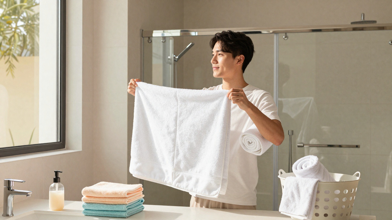 Young man holding a white towel in a bright bathroom with folded towels and laundry basket nearby.