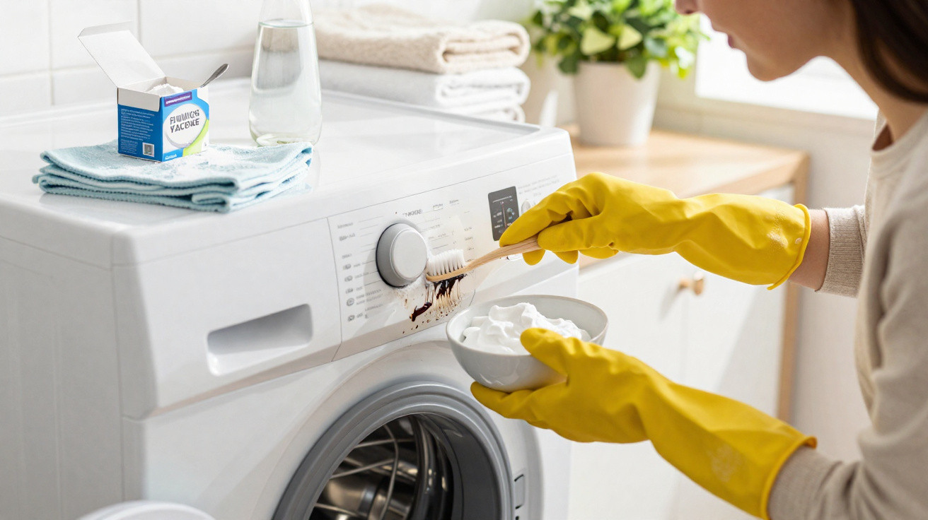 Person wearing yellow gloves scrubbing a washing machine knob with a toothbrush and baking soda paste.