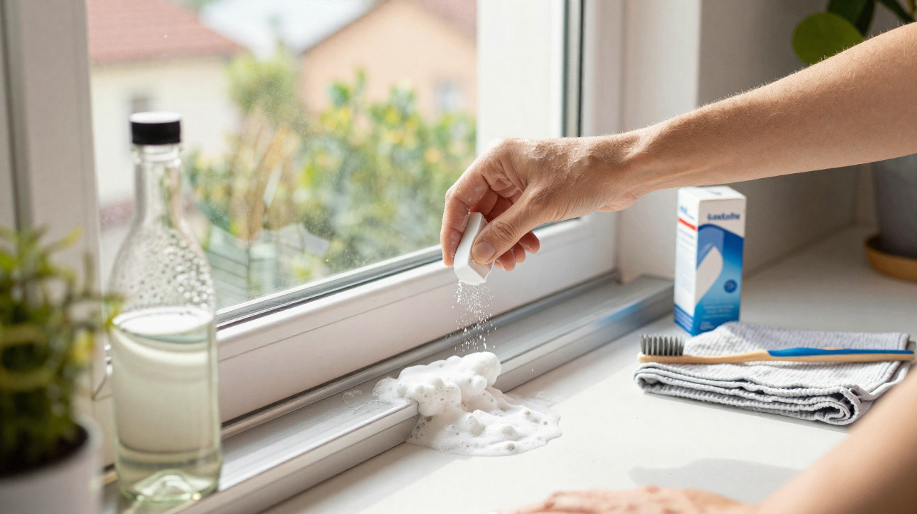 Hand sprinkling a cleaning tablet onto a window track, creating foam for window cleaning.
