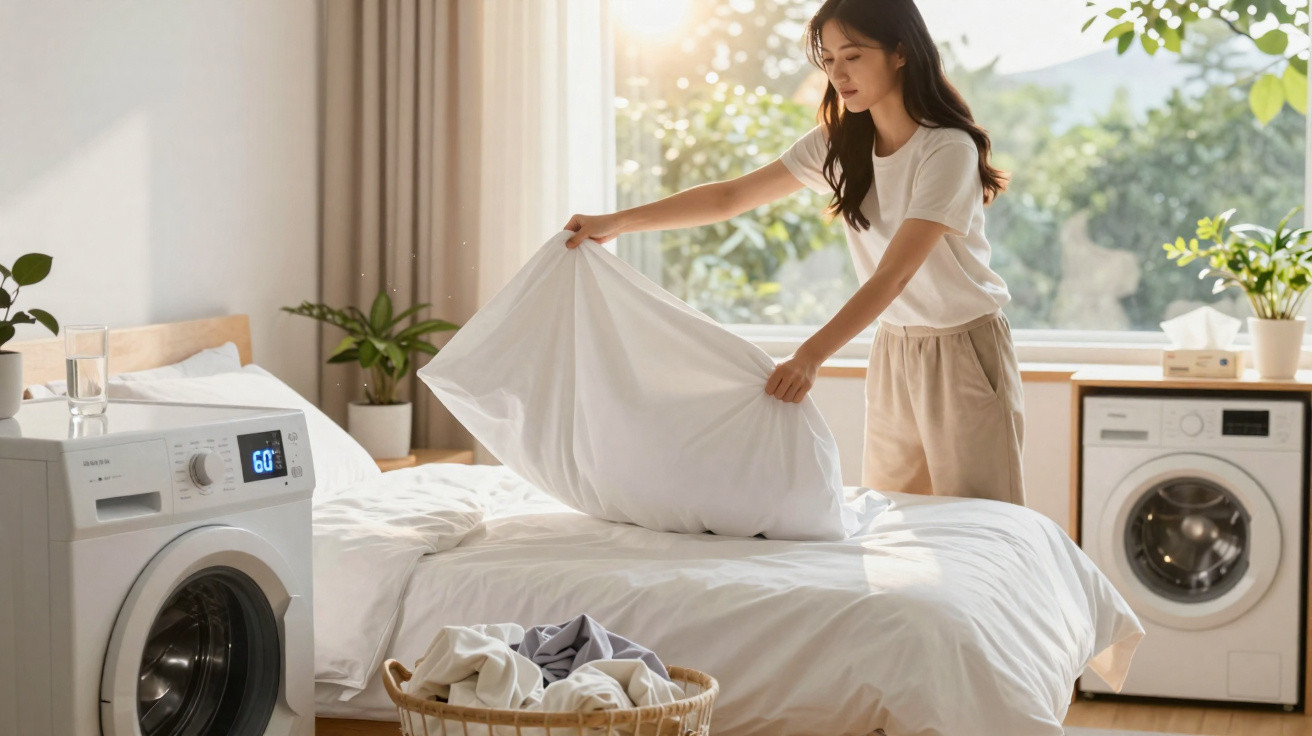 Woman changing pillowcase on bed in bright laundry room with washing machines and laundry basket.