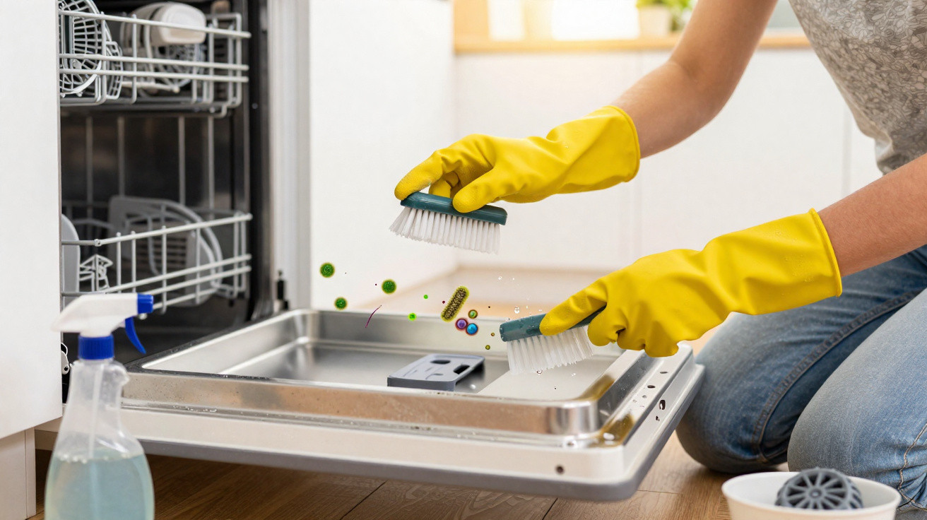 Person wearing yellow gloves scrubbing an open dishwasher door with brushes and visible germs being cleaned away.