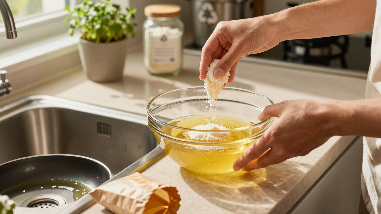 Person sprinkling grated cheese into a glass bowl with egg mixture on kitchen countertop near sink