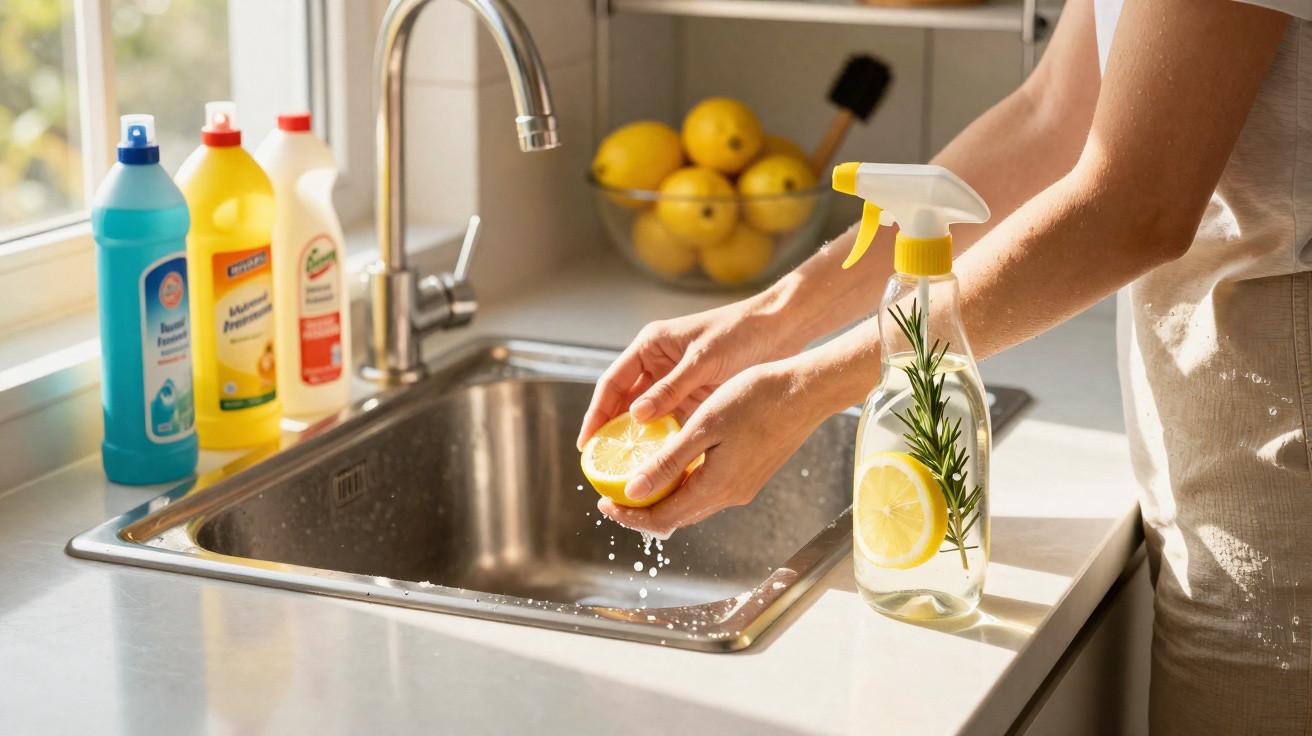 Person squeezing lemon over kitchen sink with spray bottle containing lemon and rosemary on the worktop.