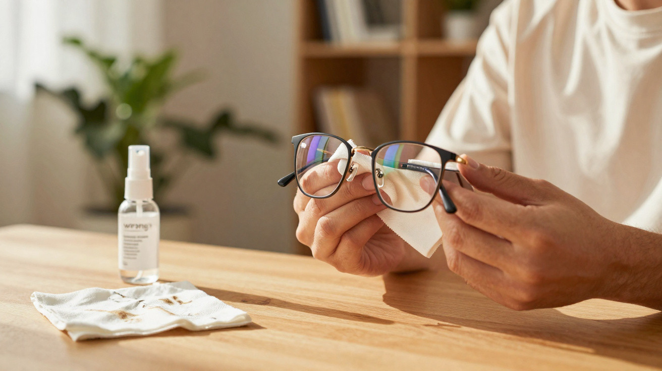 Person cleaning eyeglasses with a cloth at a wooden table with cleaning spray and cloth nearby.