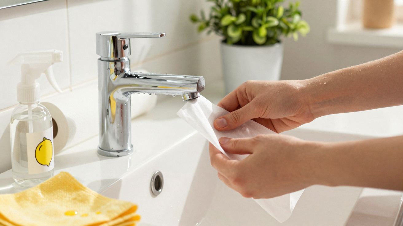Hands wiping a modern chrome faucet with a white cloth over a white bathroom sink with a plant in the background.