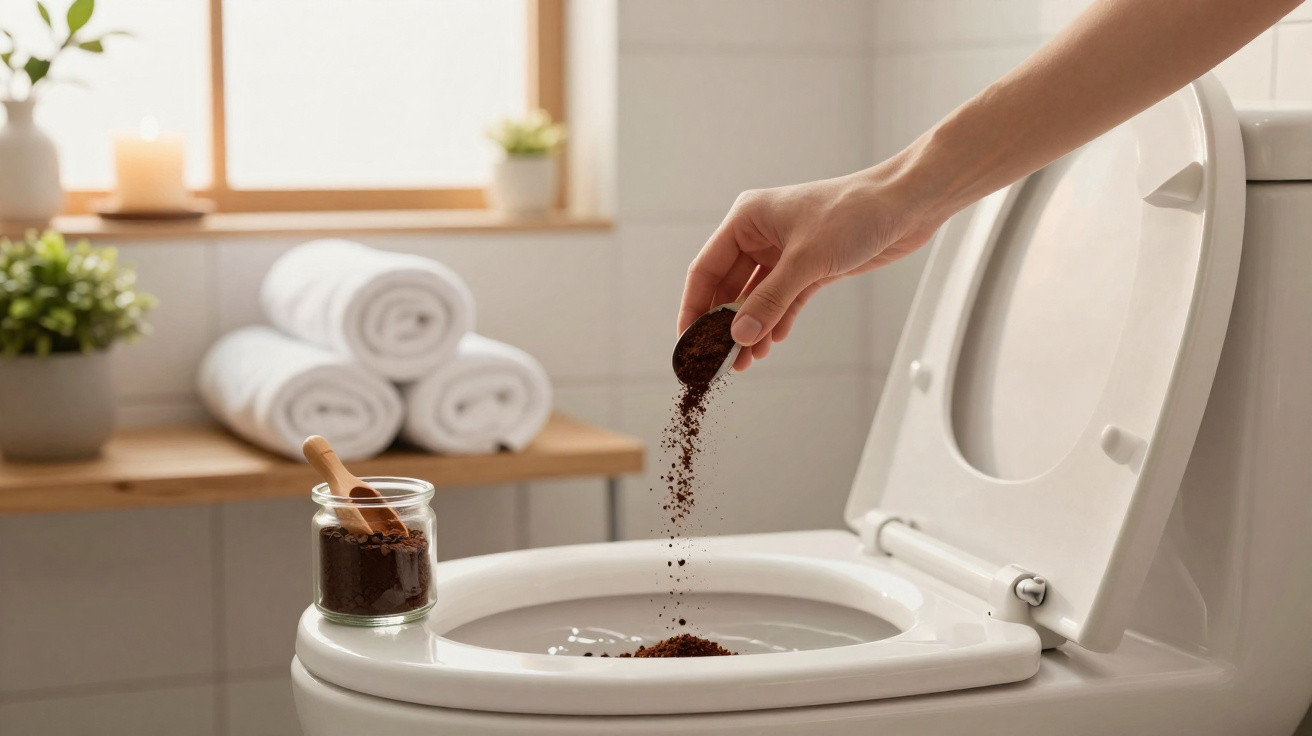 Hand sprinkling coffee grounds into a toilet bowl in a clean bathroom setting with rolled towels in background.