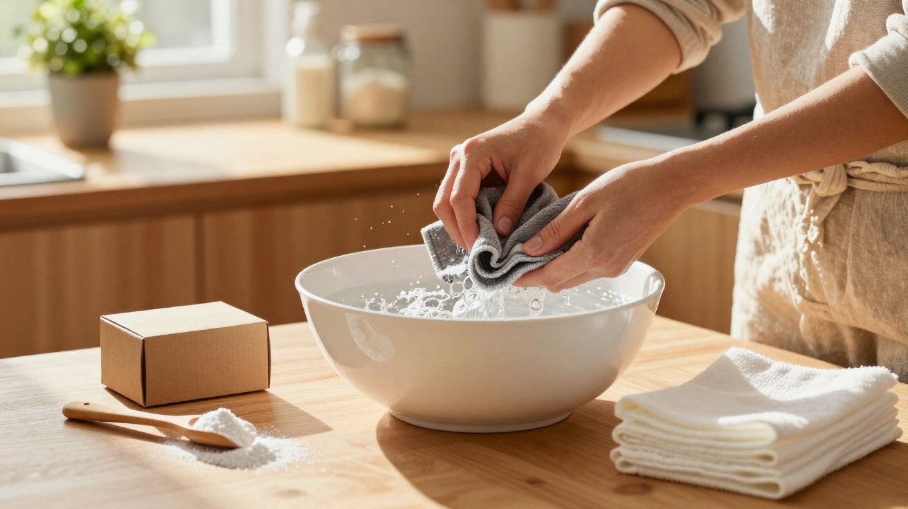 Hands wringing out a grey cloth over a white basin with a wooden spoon and folded towels on a wooden table.