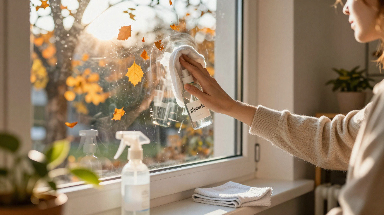 Person cleaning a window with spray bottle and cloth, autumn leaves visible outside in soft sunlight.