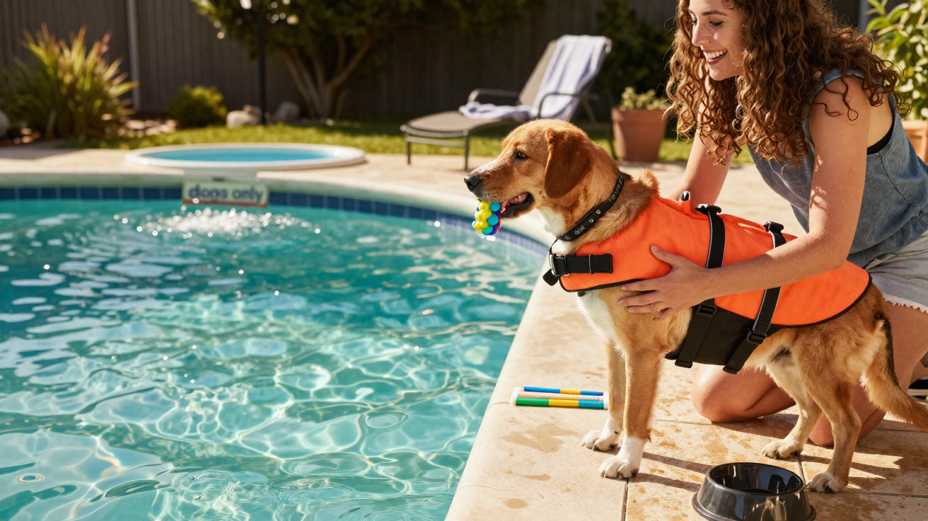 Dog wearing an orange life jacket holding a toy by the poolside, with a woman kneeling beside it.